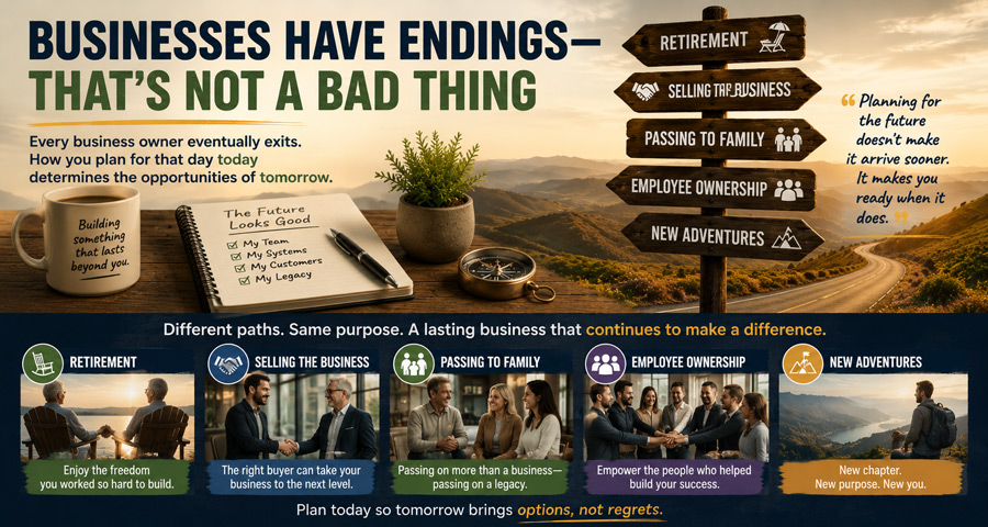 Infographic titled "BUSINESSES HAVE ENDINGS—THAT'S NOT A BAD THING" showing an executive desk with a notebook and compass overlooking a mountain highway with a directional signpost listing exit paths.