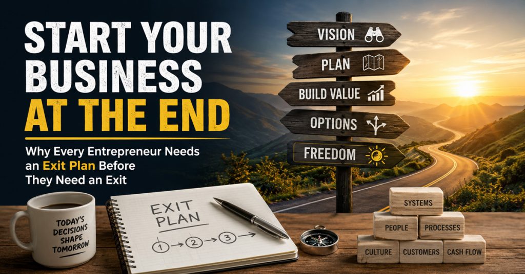 Business planning graphic titled "START YOUR BUSINESS AT THE END" featuring a wooden signpost along a scenic highway, an exit plan notepad, and building blocks on a desk.
