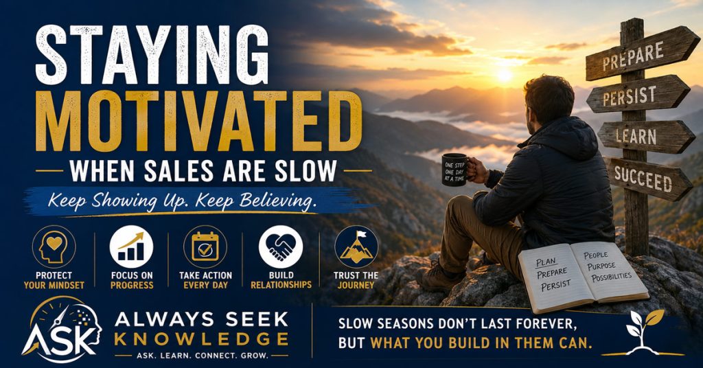 Motivational graphic titled "STAYING MOTIVATED WHEN SALES ARE SLOW" featuring a man seated on a mountain ridge at sunrise looking out over a valley.