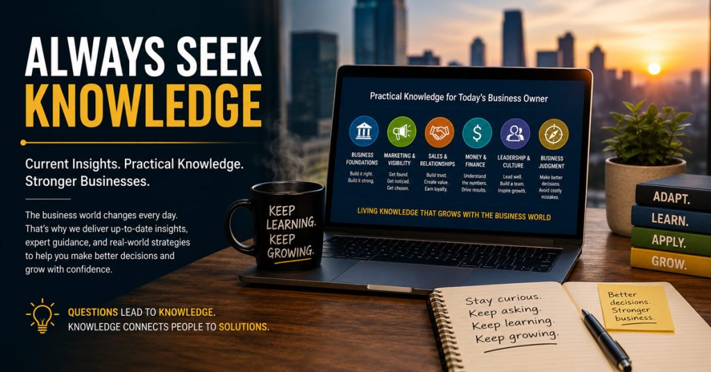 Always Seek Knowledge promotional banner showing a laptop displaying business topics next to a steaming mug, notebook, and city skyline at sunset.