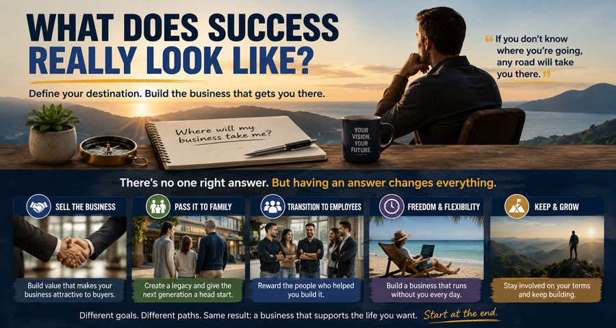 Motivational graphic titled "WHAT DOES SUCCESS REALLY LOOK LIKE?" featuring a man gazing out over a scenic lake sunset, outlining five distinct paths for business success.
