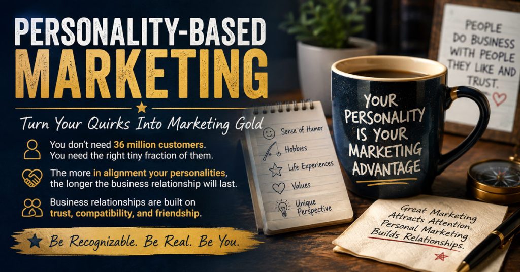 Personality-Based Marketing graphic titled "Turn Your Quirks Into Marketing Gold," featuring coffee mug, notepad, and quote about personal marketing.