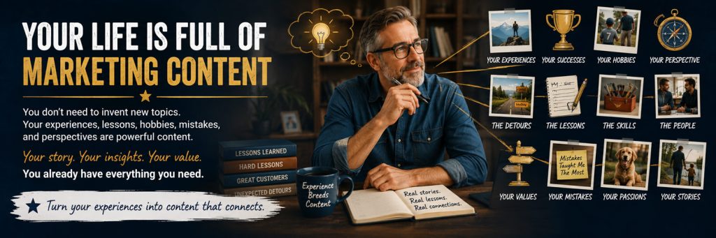 Infographic titled "Your Life Is Full of Marketing Content" showing a thoughtful man at a desk connected to twelve personal content inspiration categories.