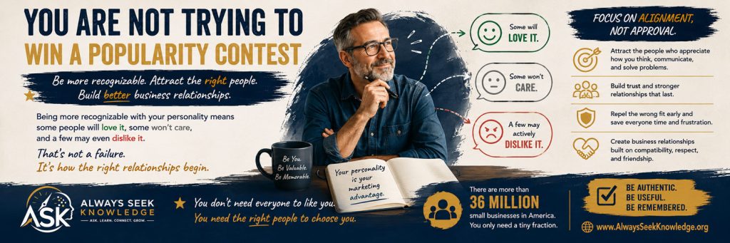 Infographic titled "You Are Not Trying to Win a Popularity Contest" emphasizing alignment over approval in personality-based marketing.